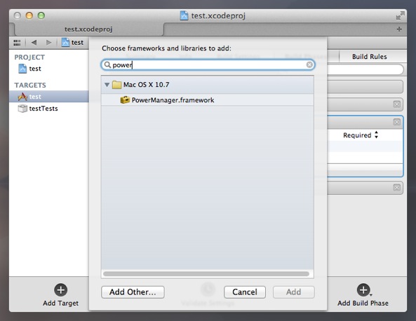 Add the framework called PowerManager.framework