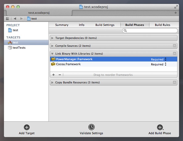 The Power Manager framework should now be listed and linked during builds.