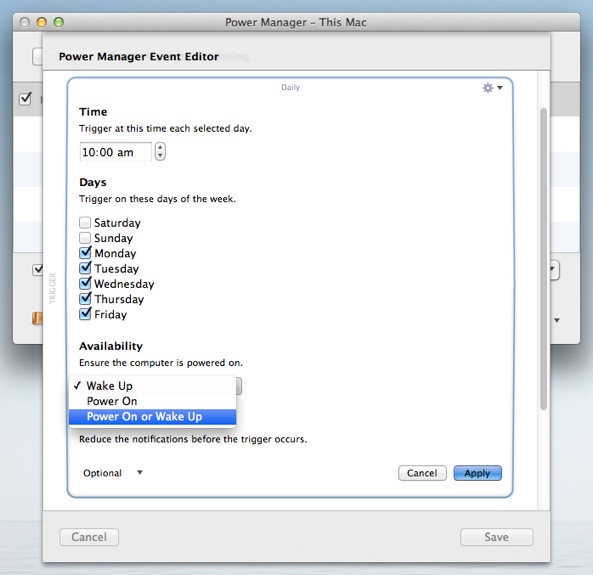 Select “Power On or Wake Up” from the Availability pop-up menu