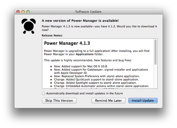Power Manager includes an automatic software update feature