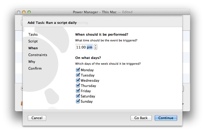 Select the days of the week and times to run Time Machine.