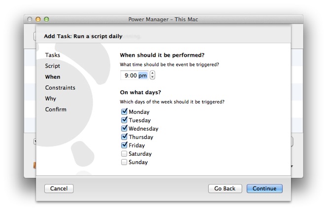 Set the time and days of the week to trigger the quit application event.