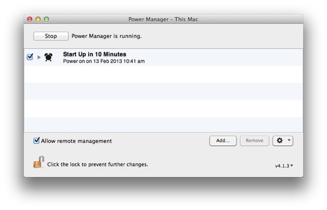 Power Manager showing the one off start up event