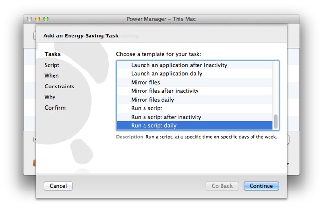 Select the Run a script daily in the Schedule Assistant.