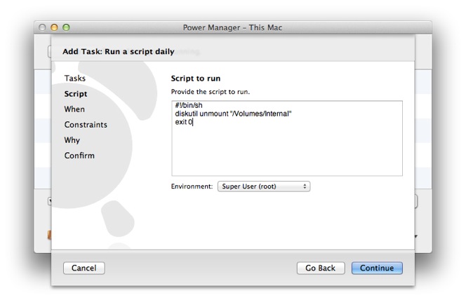 Paste in the modified unmount shell script.