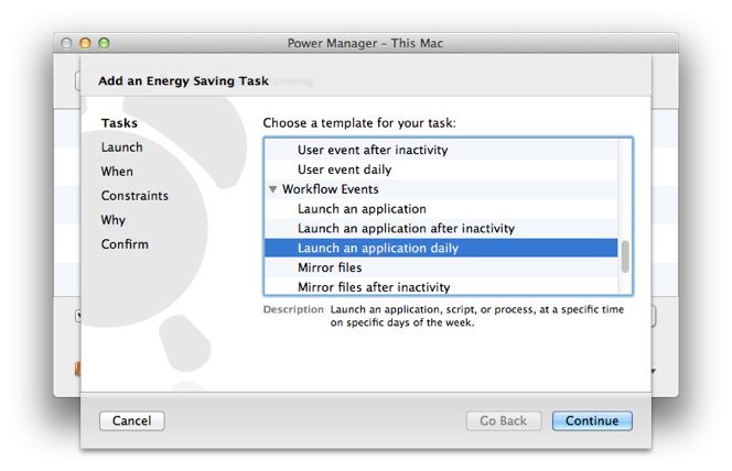 Select the task Launch an application daily