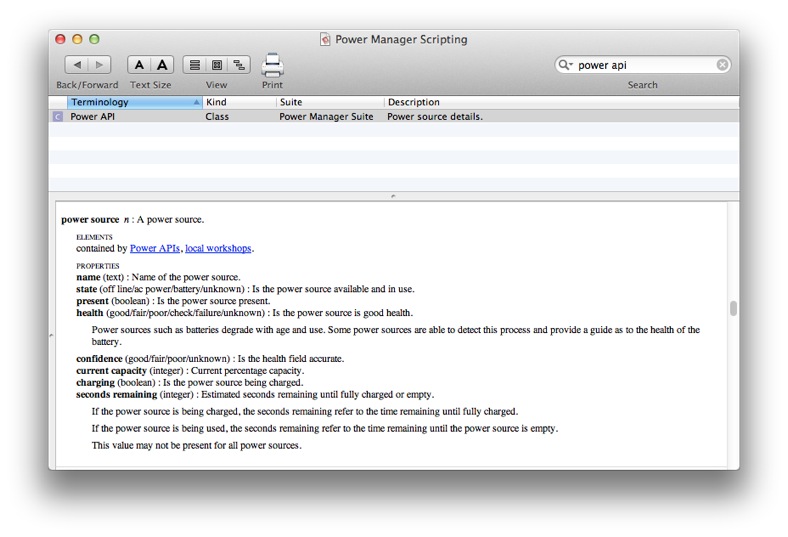 Power API documentation in AppleScript Editor.app