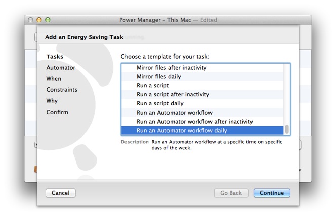 Select the Run an Automator workflow daily task