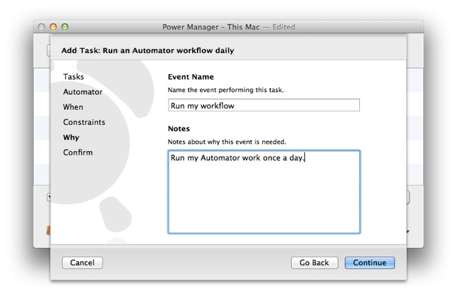 Name and add optional notes for your Automator event