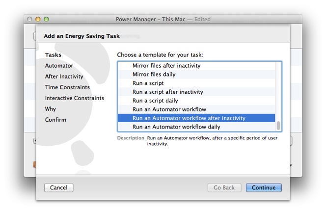 Select the Run an Automator workflow after inactivity task