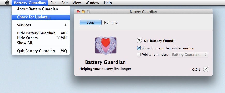Screen shot showing the Check for Update menu item in Battery Guardian