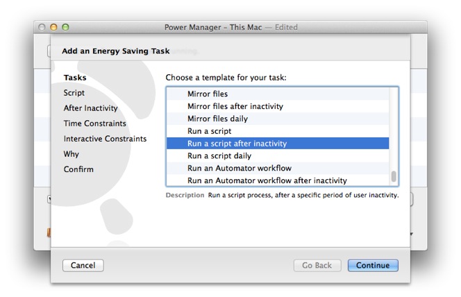 Select the task Run a script after inactivity