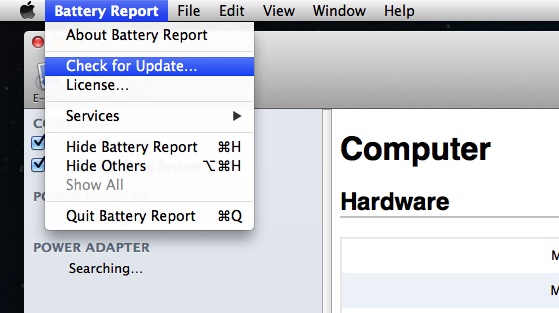 Screen shot showing the Check for Update menu item in Battery Report