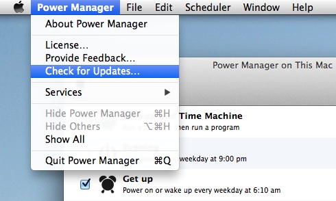 Screenshot showing the Check for Updates menu item in Power Manager