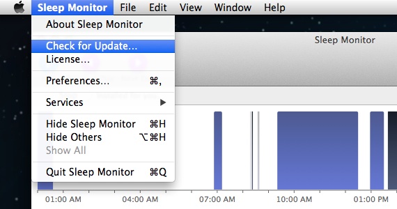 Screen shot showing the Check for Update menu item in Sleep Monitor