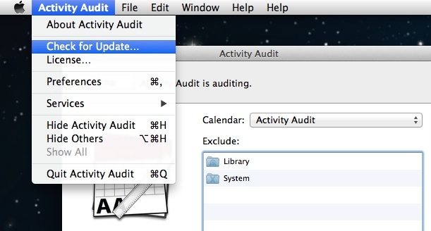 Screen shot showing the Check for Update menu item in Activity Audit