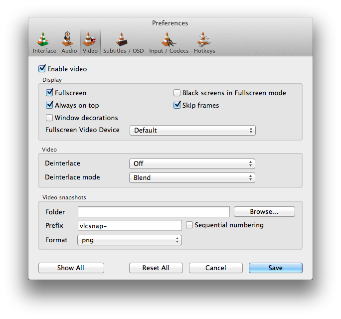 Screenshot of VLC video preferences