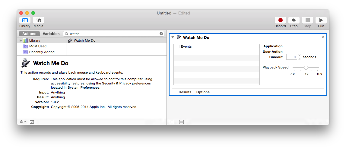 Screenshot of Automator Watch Me Do action