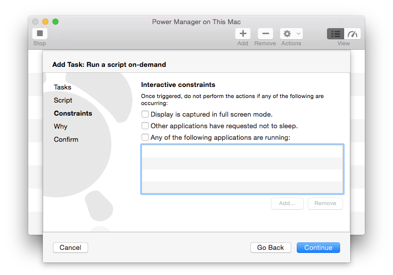 Screenshot of Power Manager constraint options