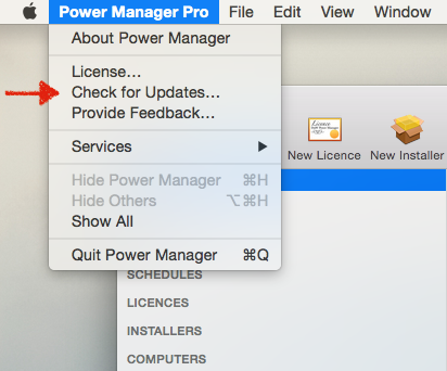 Screenshot showing Power Manager Pro's Check for Updates menu item