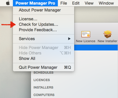 Screenshot showing Power Manager Pro’s Check for Updates menu item
