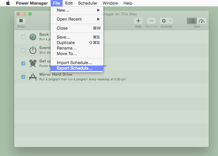 Screenshot showing Power Manager’s Export Schedule menu item