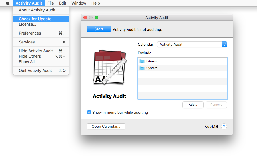 Screen shot showing the Check for Update menu item in Activity Audit