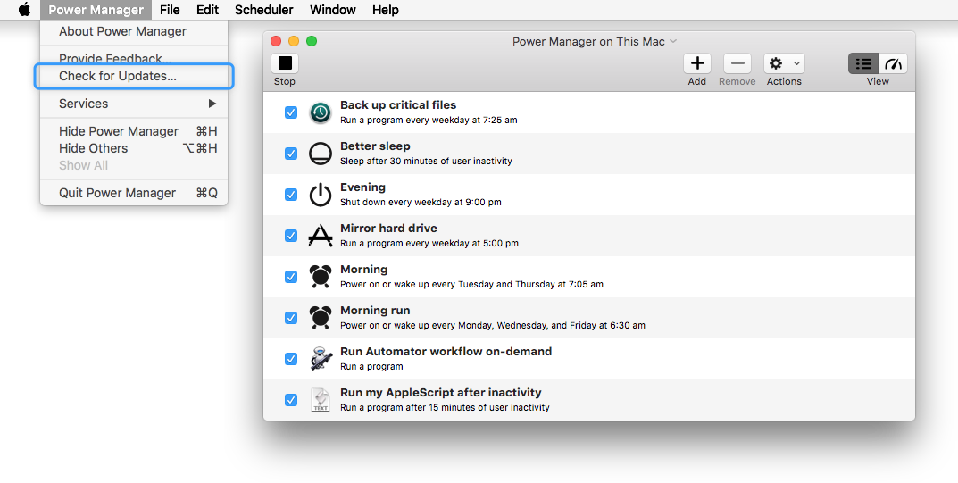 Screenshot showing the Check for Updates menu item in Power Manager