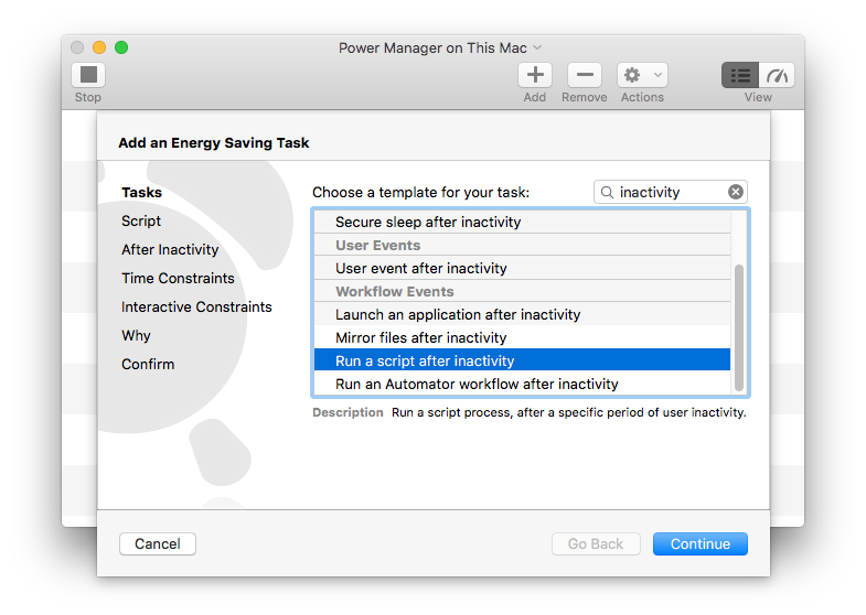 Select the Run a script after inactivity task