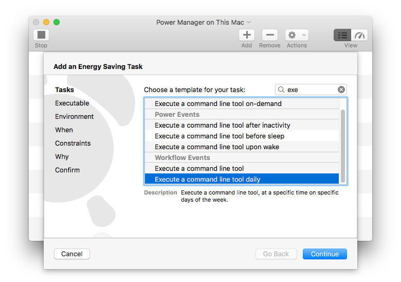 Select the Executable a command line tool daily task