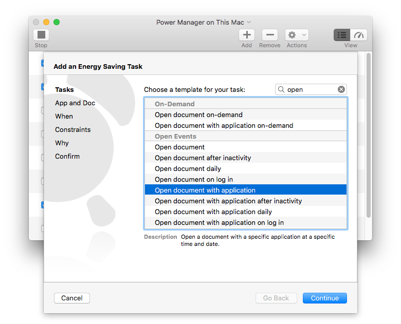 Screenshot showing open with tasks in Power Manager