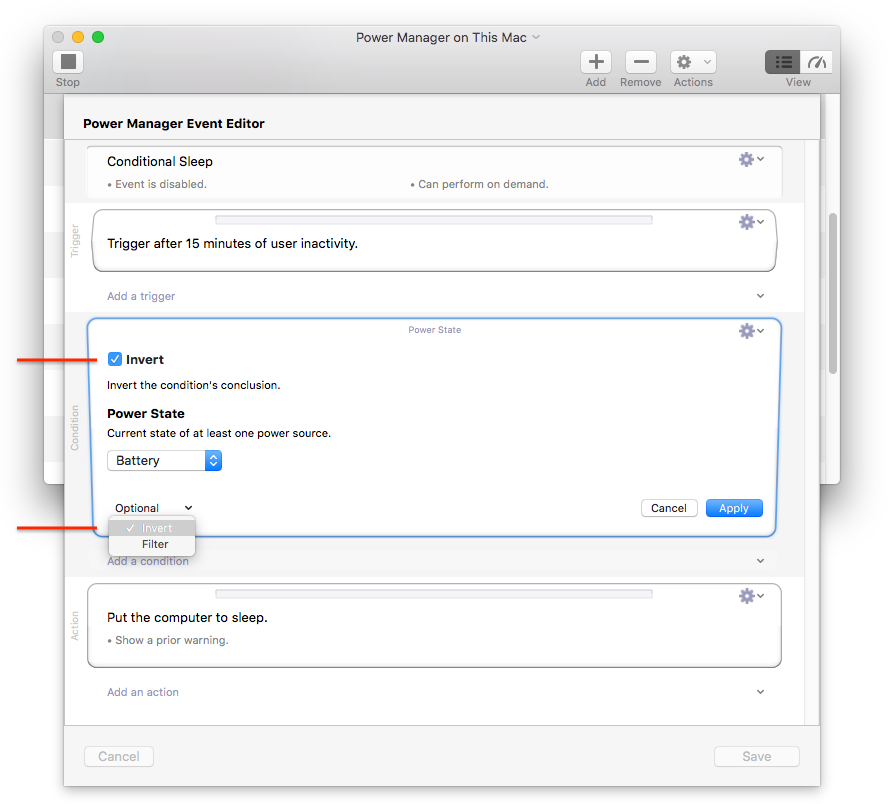 Invert is an Optional for conditions in Power Manager