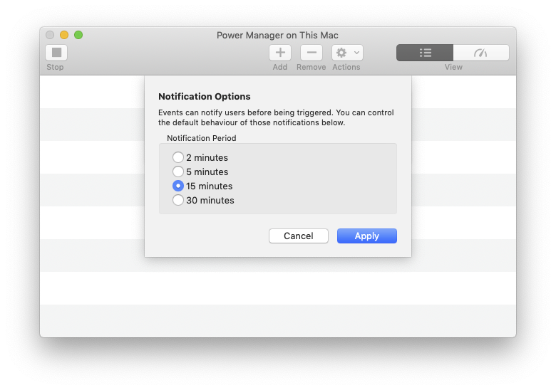 Screenshot showing the Power Manager notification options