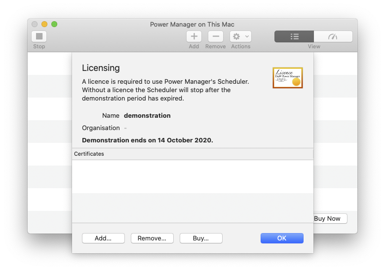 macOS screenshot showing Power Manager&rsquo;s new licensing interface