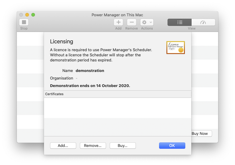 macOS screenshot showing Power Manager’s new licensing interface