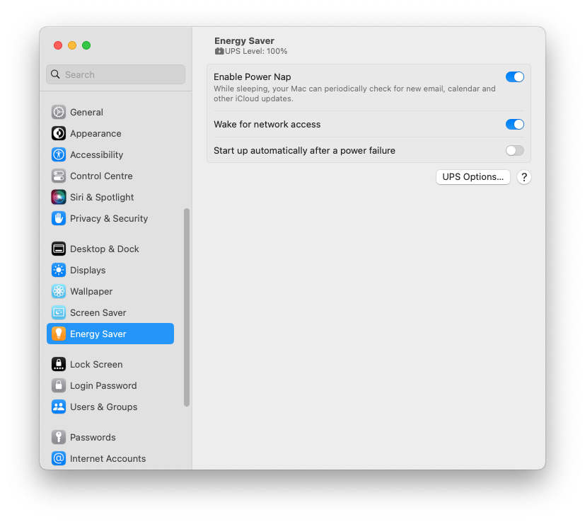 Energy Saver on macOS 13.0