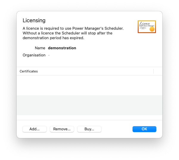 Power Manager&rsquo;s Licence Options… panel