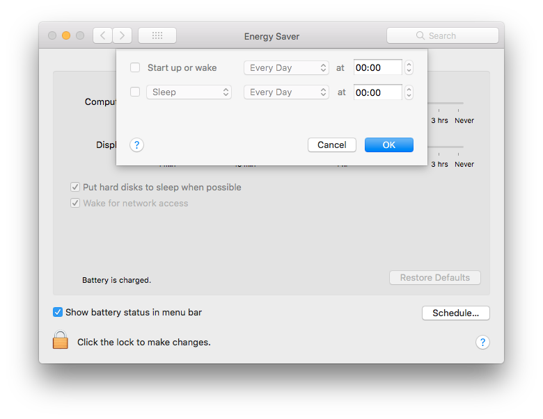 Energy Saver settings on System Settings, macOS 10.12