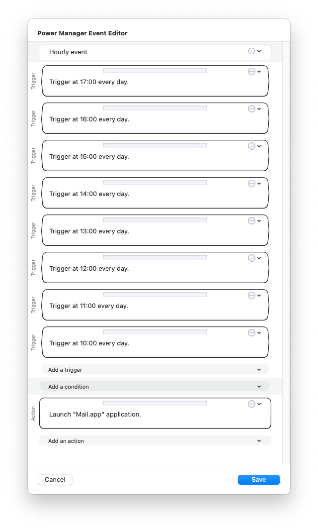 Screenshot showing an event in Power Manager within multiple triggers. Screenshot showing an event in Power Manager within multiple triggers.
