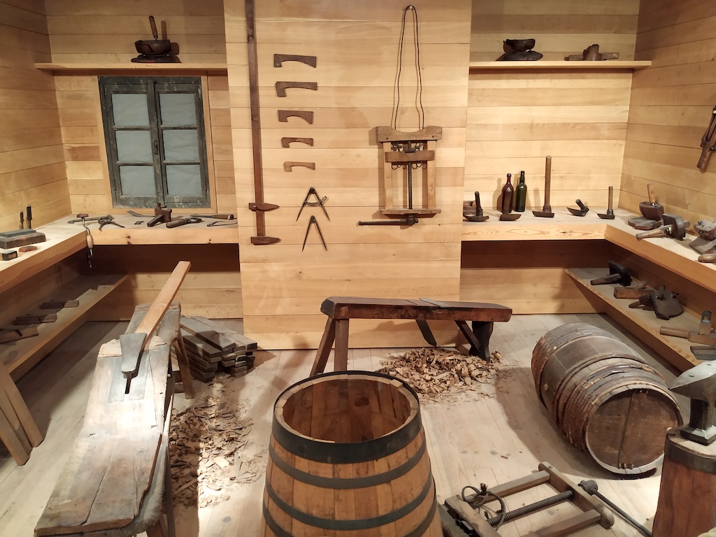 A recreation of a cooper's workshop and tools, October, 2026 Photograph of decorative arts stencil and tools