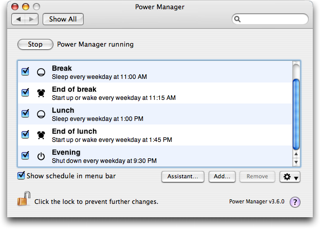 Power Manager 3 running on Mac OS X 10.4