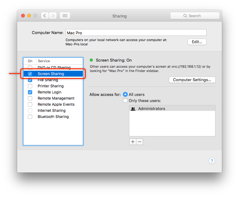 connecting to a vnc server on a mac