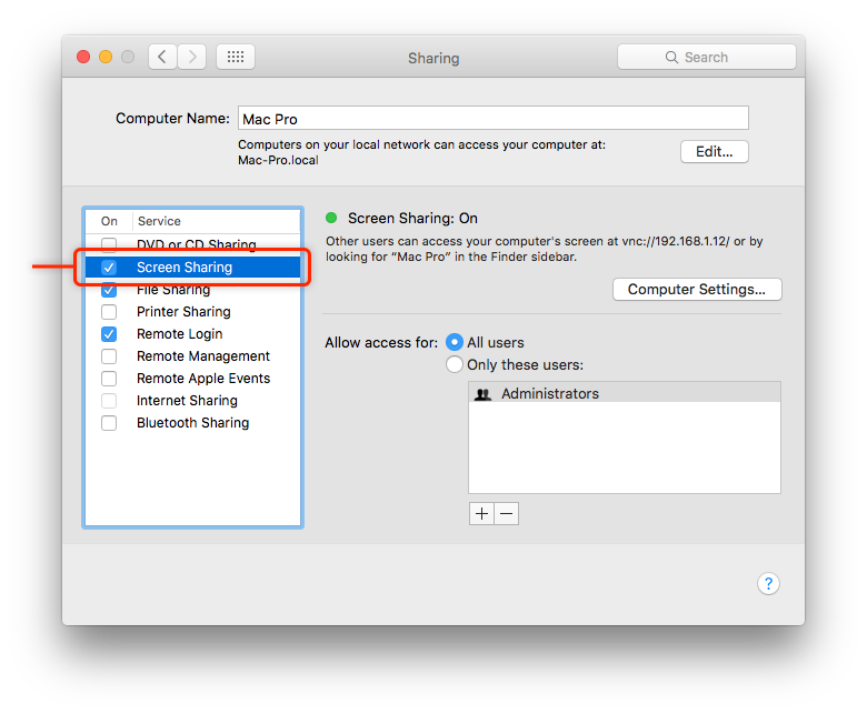 Screen Sharing in the Sharing panel